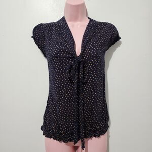 Vintage Y2K -  Jane Norman - Blouse Neck Tie Heart Polka Dot -  Size 8 - Navy